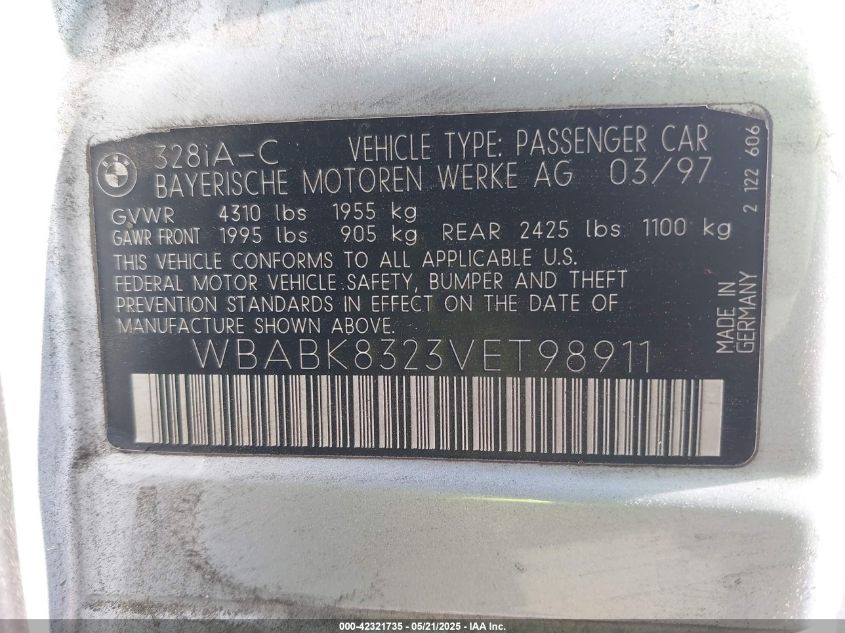 1997 BMW 328Ic VIN: WBABK8323VET98911 Lot: 42321735
