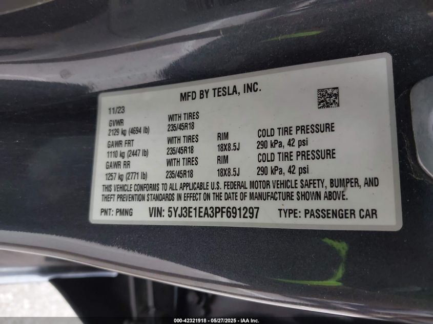 2023 Tesla Model 3 Rear-Wheel Drive VIN: 5YJ3E1EA3PF691297 Lot: 42321918