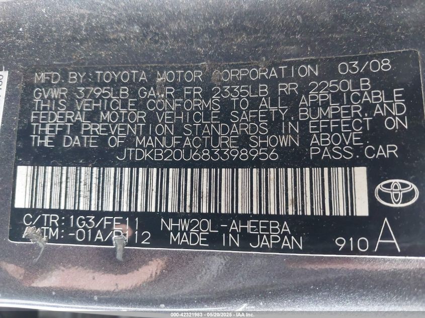2008 Toyota Prius VIN: JTDKB20U683398956 Lot: 42321983