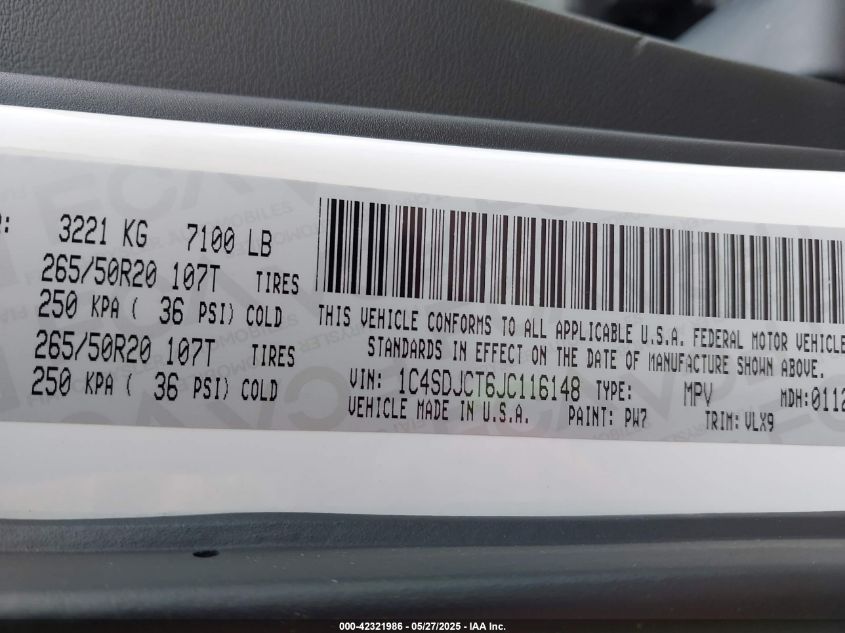 2018 Dodge Durango R/T Awd VIN: 1C4SDJCT6JC116148 Lot: 42321986