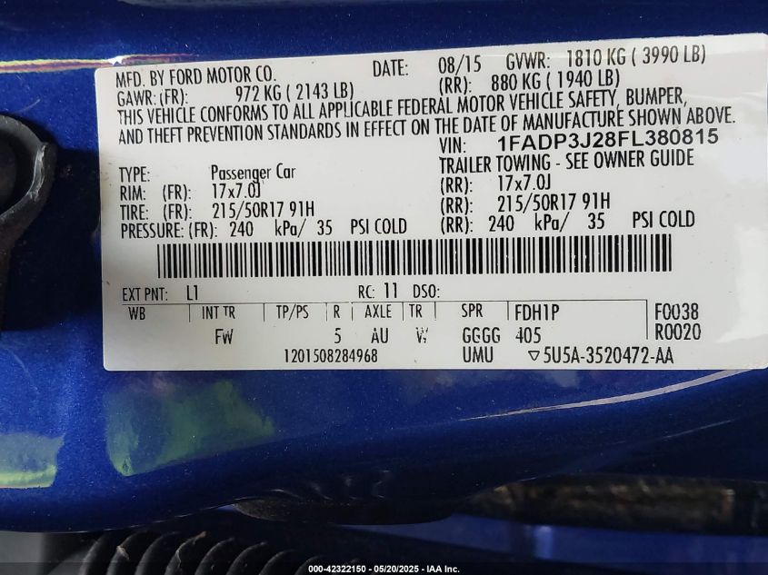 2015 Ford Focus Titanium VIN: 1FADP3J28FL380815 Lot: 42322150