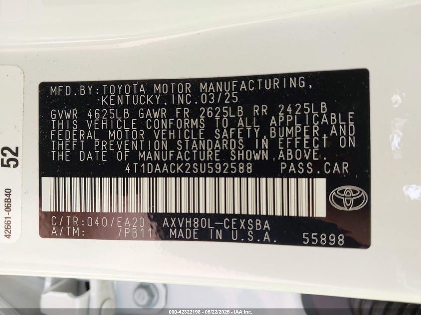 2025 TOYOTA CAMRY VIN: 4T1DAACK2SU592588