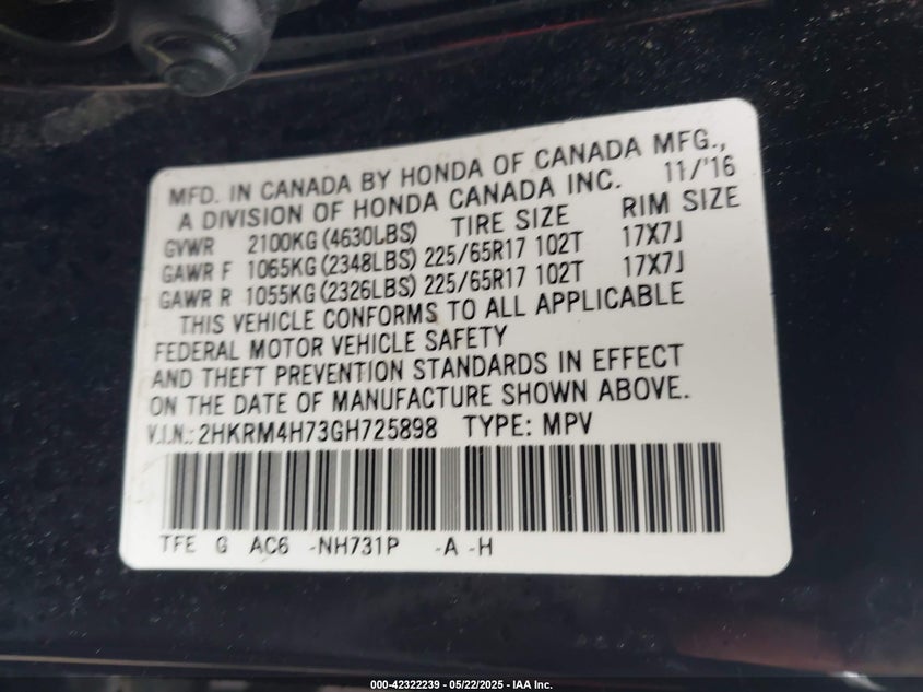 2016 HONDA CR-V EX-L - 2HKRM4H73GH725898