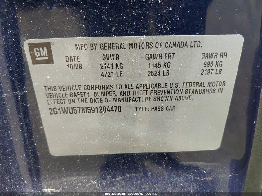 2009 CHEVROLET IMPALA VIN: 2G1WU57M591204470