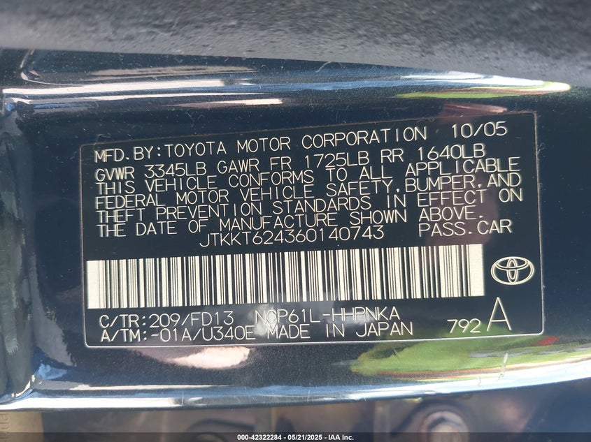 2006 Scion Xa VIN: JTKKT624360140743 Lot: 42322284