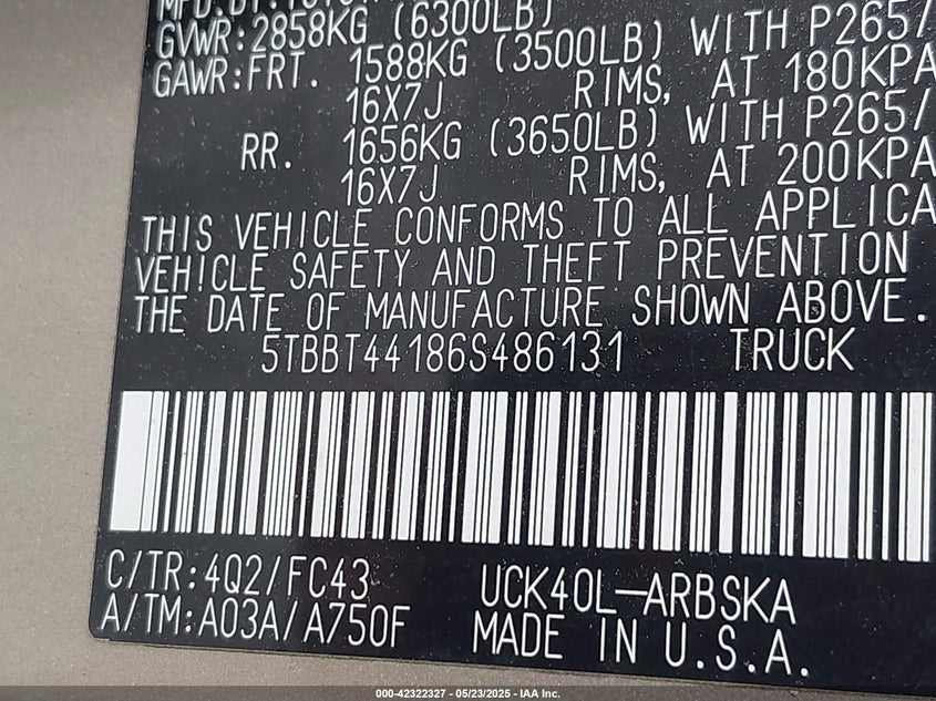 2006 Toyota Tundra Sr5 V8 VIN: 5TBBT44186S486131 Lot: 42322327