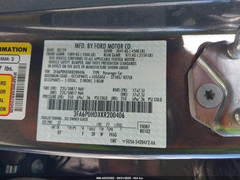 2019 FORD FUSION VIN: 3FA6P0HDXKR200406