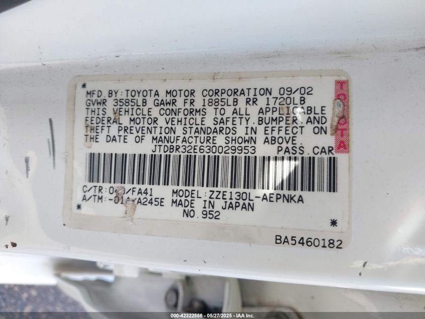 2003 Toyota Corolla Le VIN: JTDBR32E630029953 Lot: 42322556