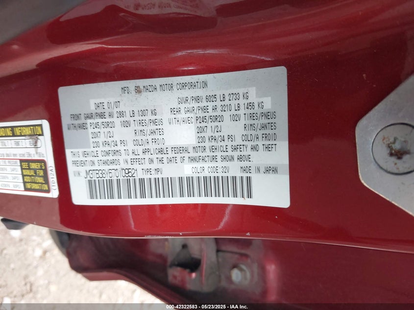 2007 MAZDA CX-9 VIN: JM3TB38Y670109521