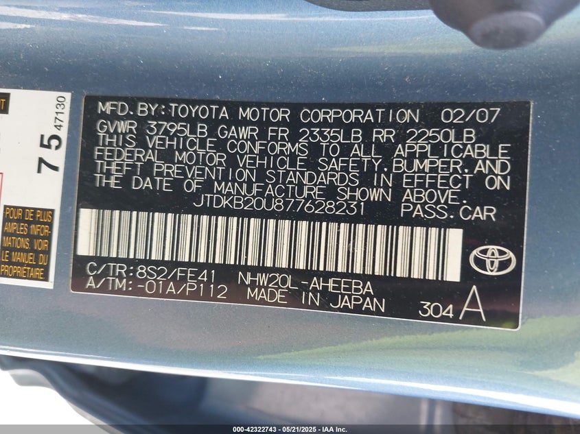 2007 TOYOTA PRIUS VIN: JTDKB20U877628231