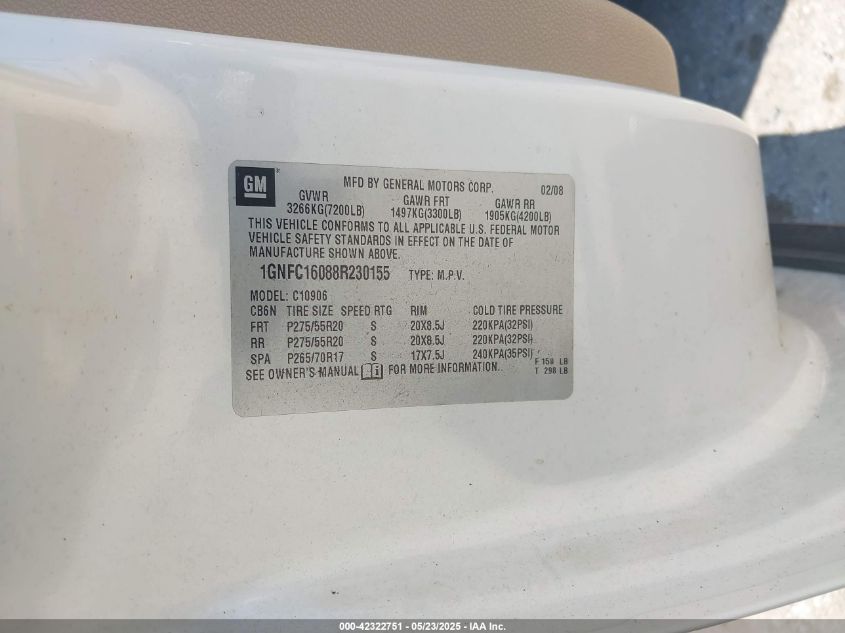 2008 Chevrolet Suburban 1500 Ltz VIN: 1GNFC16088R230155 Lot: 42322751