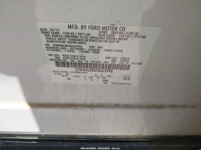 2015 FORD FLEX VIN: 2FMHK6D86FBA05996