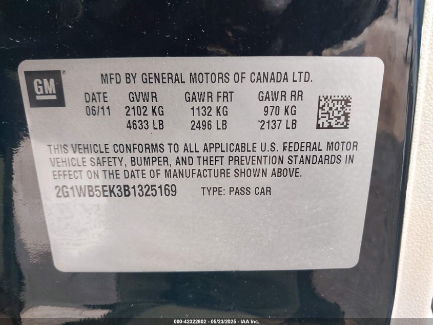 2011 CHEVROLET IMPALA VIN: 2G1WB5EK3B1325169