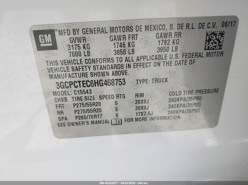2017 CHEVROLET SILVERADO VIN: 3GCPCTEC6HG468753