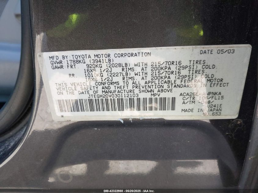 2003 Toyota Rav4 VIN: JTEGH20V030112103 Lot: 42322988