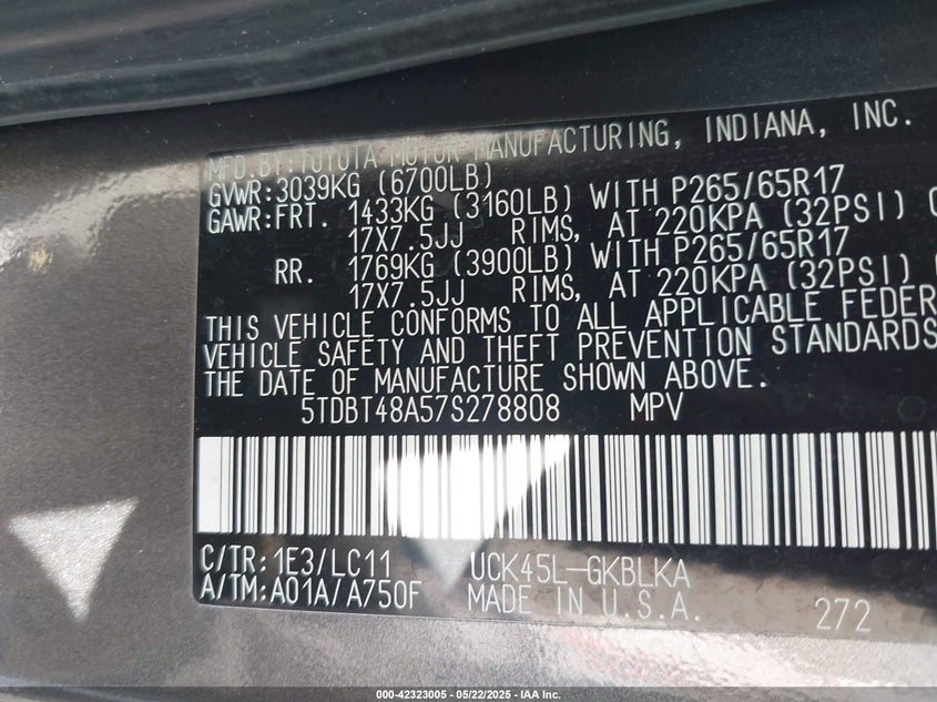 2007 Toyota Sequoia Limited V8 VIN: 5TDBT48A57S278808 Lot: 42323005