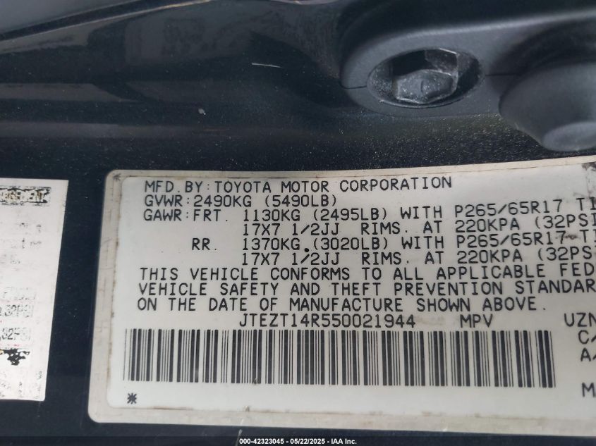 2005 Toyota 4Runner Sr5 V8 VIN: JTEZT14R550021944 Lot: 42323045