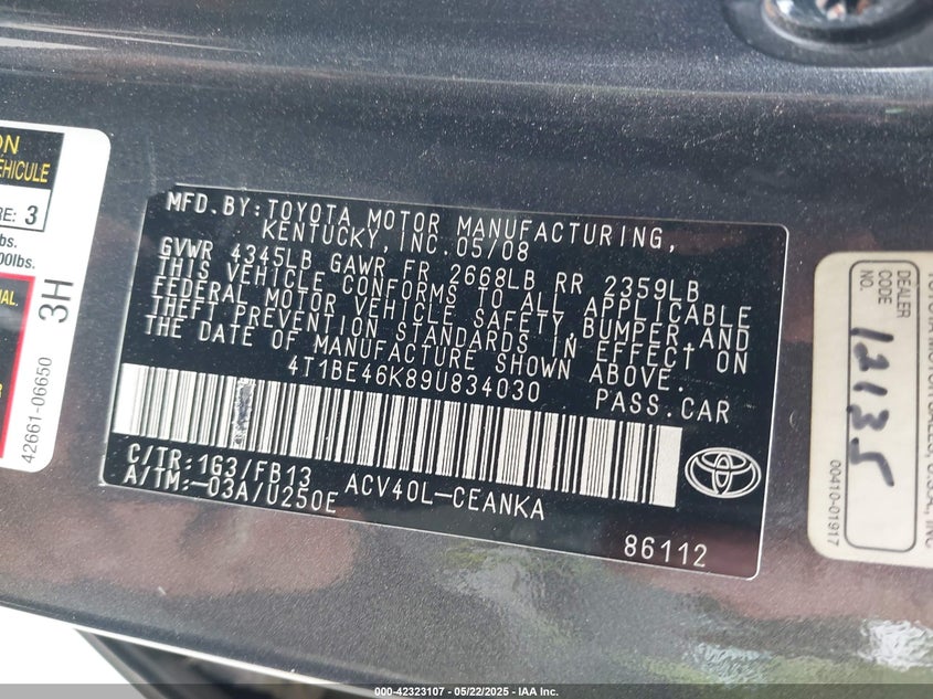 2009 TOYOTA CAMRY VIN: 4T1BE46K89U834030