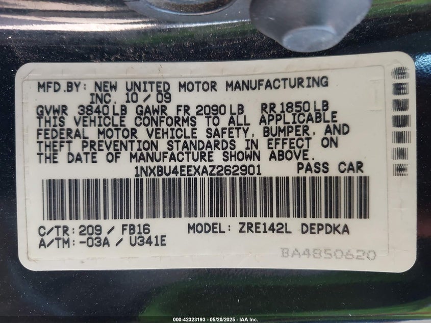 2010 TOYOTA COROLLA VIN: 1NXBU4EEXAZ262901