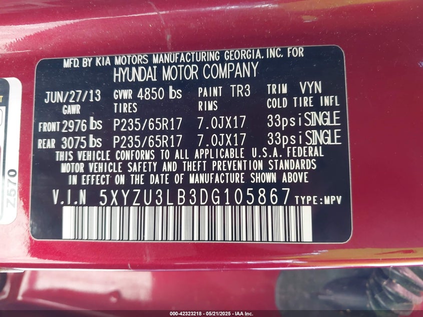 2013 Hyundai Santa Fe Sport VIN: 5XYZU3LB3DG105867 Lot: 42323218