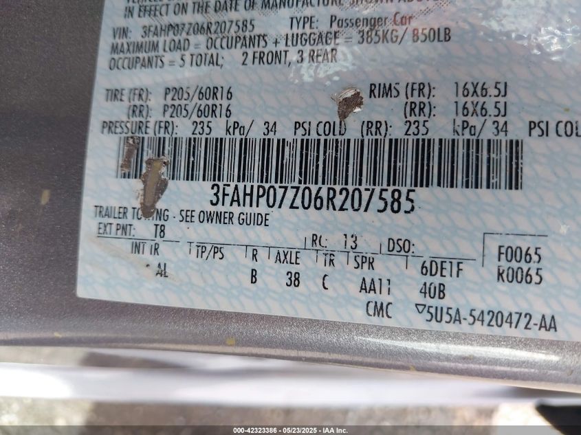 2006 Ford Fusion Se VIN: 3FAHP07Z06R207585 Lot: 42323386