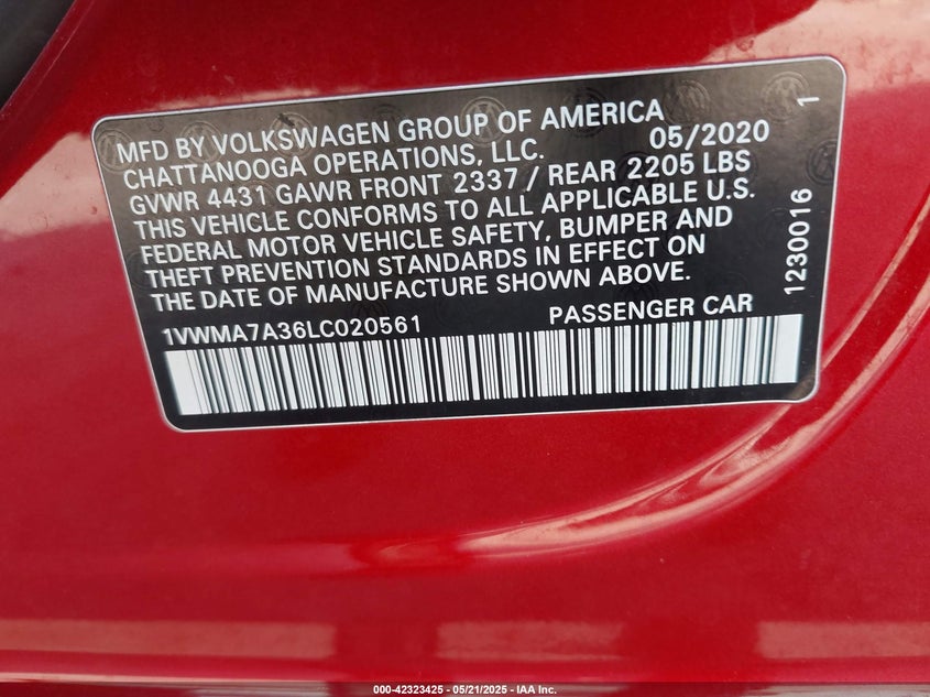 2020 VOLKSWAGEN PASSAT 2.0T R-LINE - 1VWMA7A36LC020561