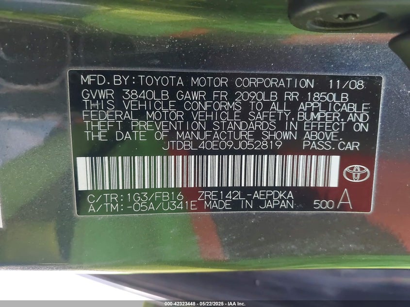 2009 TOYOTA COROLLA VIN: JTDBL40E09J052819