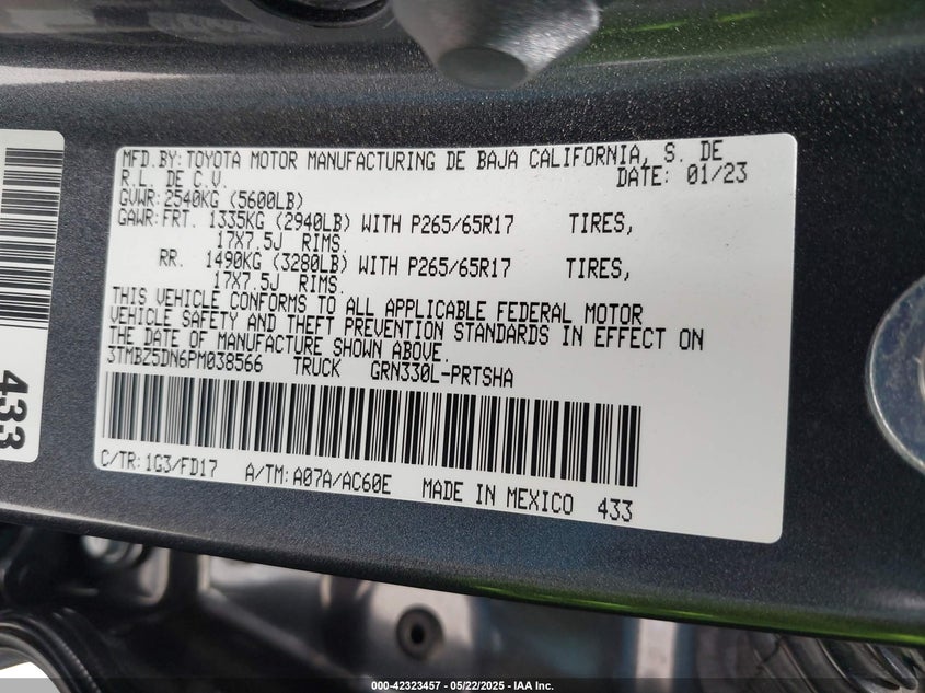 VIN 3TMBZ5DN6PM038566 2023 TOYOTA TACOMA SR5 V6/TRD SPORT