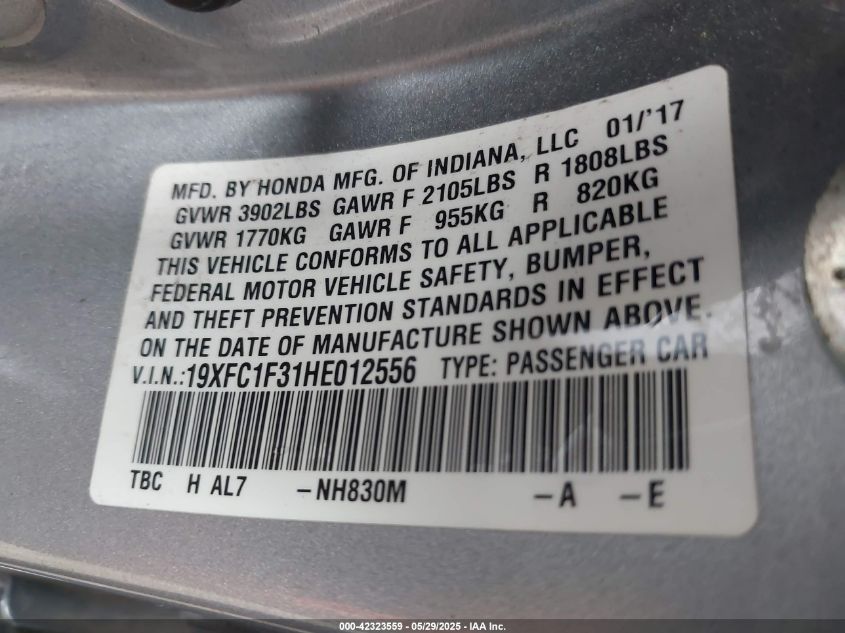 2017 Honda Civic Ex-T VIN: 19XFC1F31HE012556 Lot: 42323559