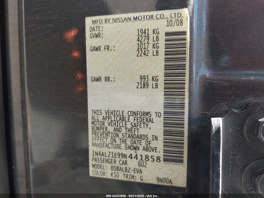 2009 NISSAN ALTIMA VIN: 1N4AL21E99N441858