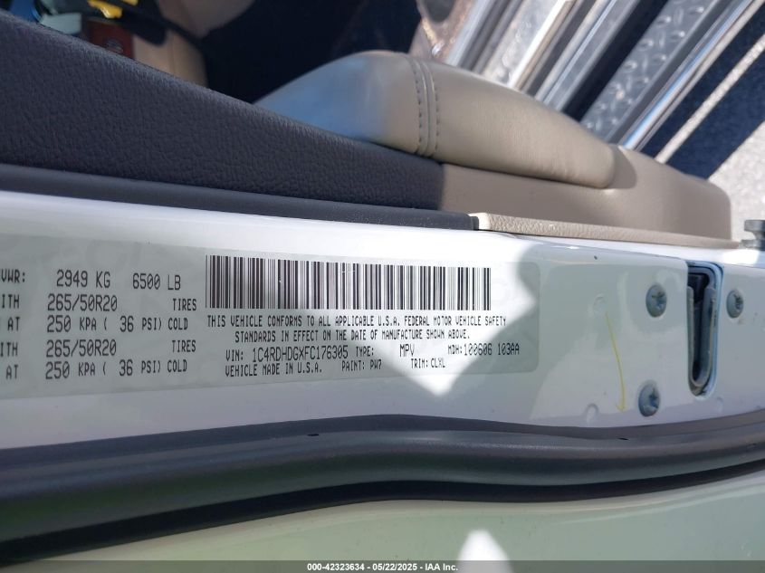 2015 Dodge Durango Limited VIN: 1C4RDHDGXFC176305 Lot: 42323634