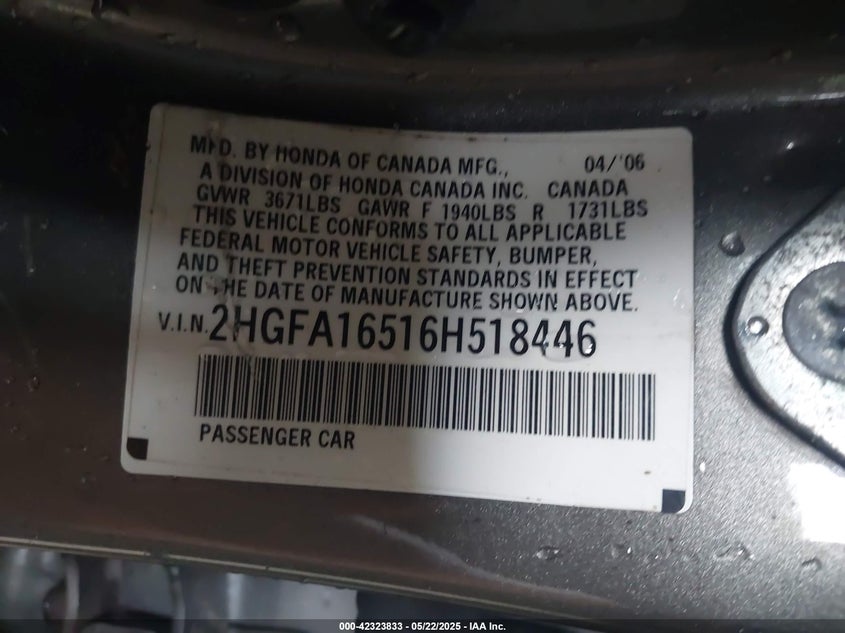 2006 HONDA CIVIC VIN: 2HGFA16516H518446