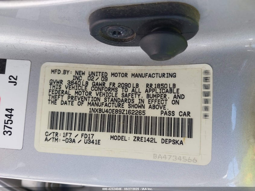 2009 TOYOTA COROLLA VIN: 1NXBU40E89Z162265