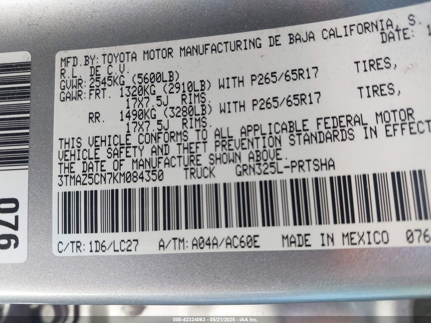 2019 TOYOTA TACOMA VIN: 3TMAZ5CN7KM084350