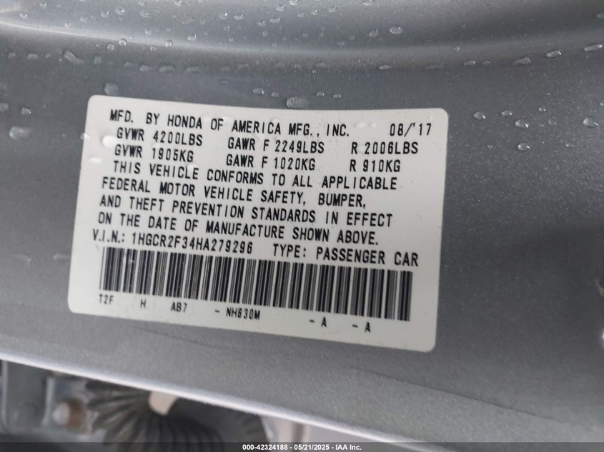 2017 HONDA ACCORD VIN: 1HGCR2F34HA279296