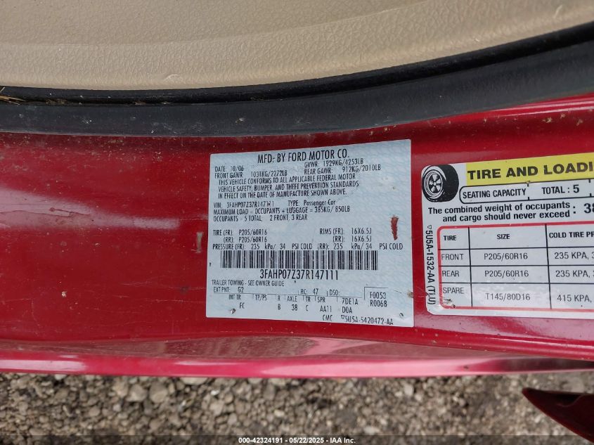 2007 Ford Fusion VIN: 3FAHP072374147111 Lot: 42324191