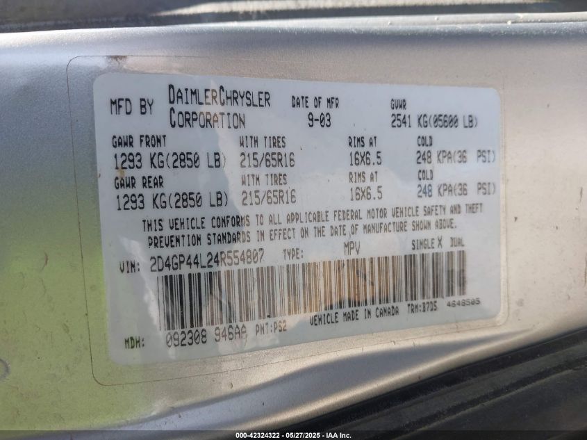 2004 Dodge Caravan Sxt VIN: 1D4GP45R04B577925 Lot: 42324322