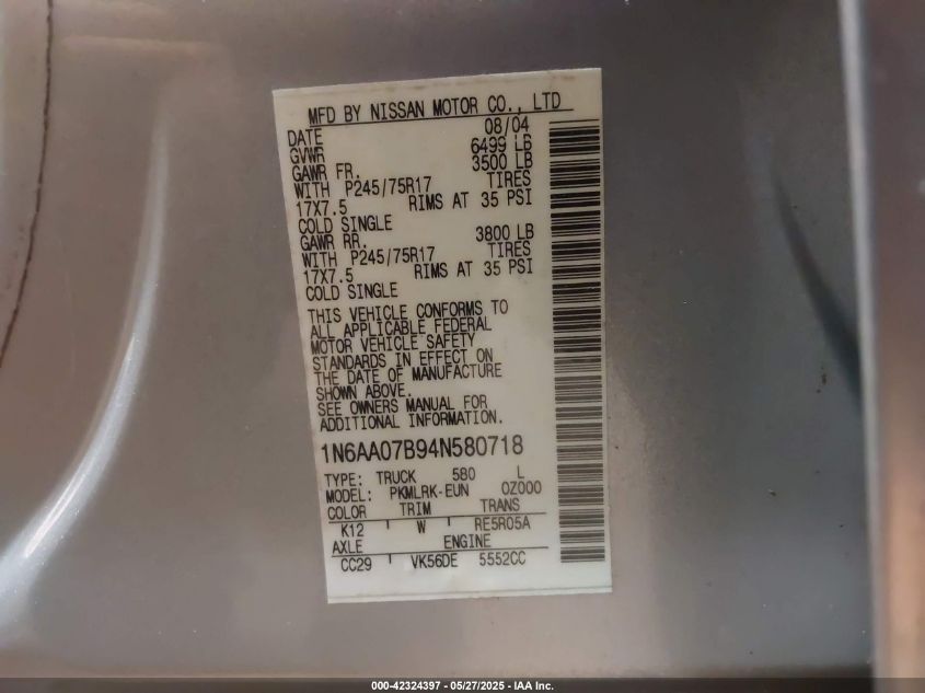 2004 Nissan Titan Xe VIN: 1N6AA07B94N580718 Lot: 42324397