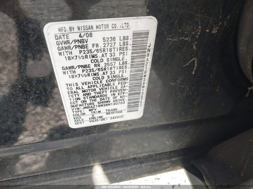2009 NISSAN MURANO VIN: JN8AZ18W39W130703