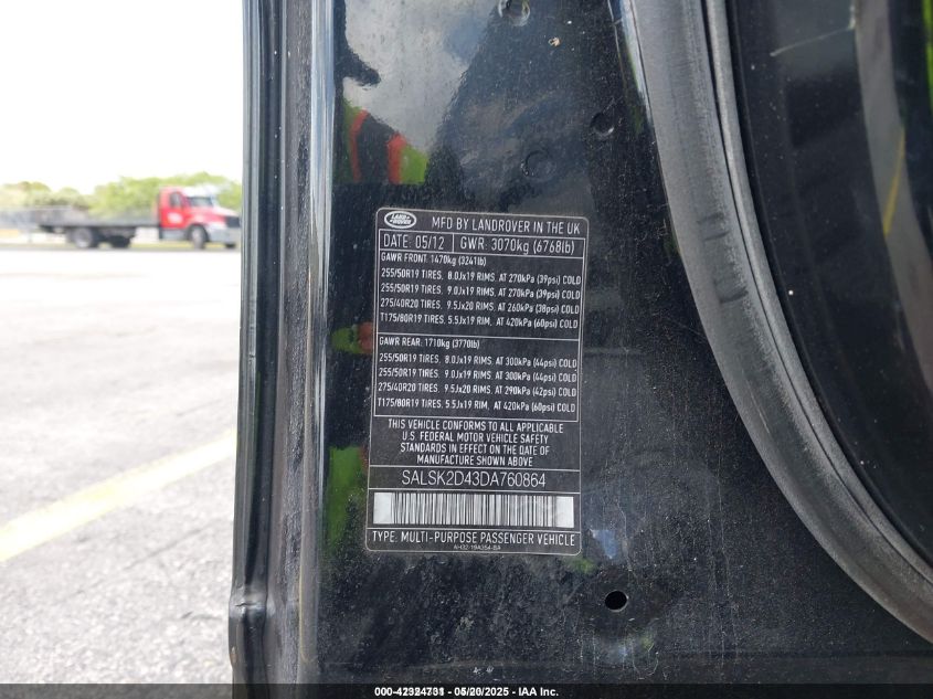 2013 Land Rover Range Rover Sport Hse VIN: SALSK2D43DA760864 Lot: 42324731