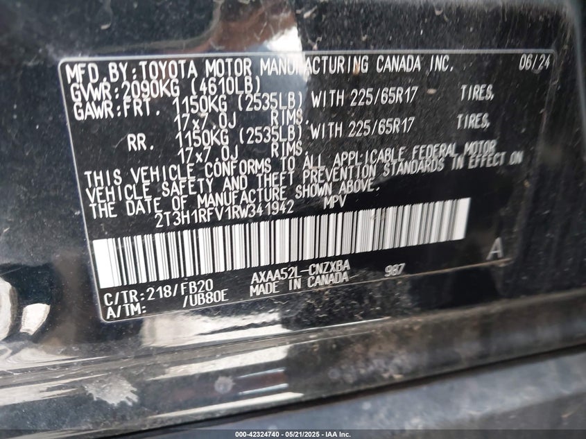 2024 TOYOTA RAV4 VIN: 2T3H1RFV1RW341942