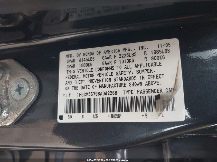 2006 HONDA ACCORD VIN: 1HGCM56796A042268