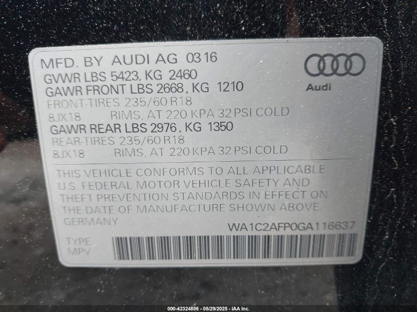 2016 Audi Q5 2.0T Premium VIN: WA1C2AFP0GA116637 Lot: 42324806