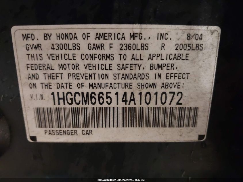 2004 Honda Accord 3.0 Ex VIN: 1HGCM66514A101072 Lot: 42324822