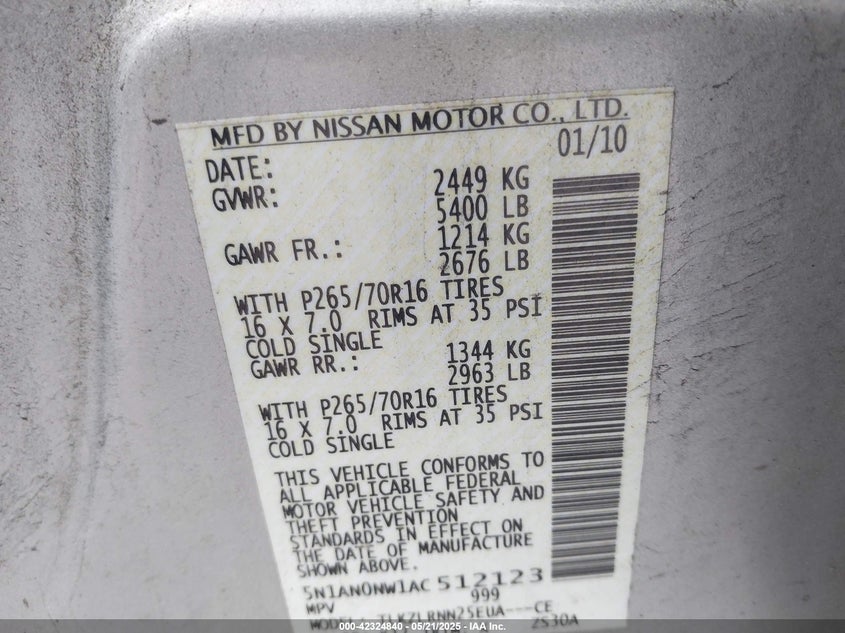 2010 NISSAN XTERRA VIN: 5N1AN0NW1AC512123