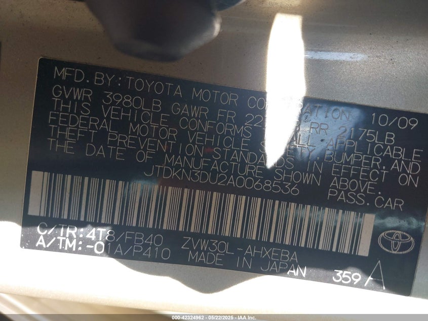 2010 TOYOTA PRIUS VIN: JTDKN3DU2A0068536
