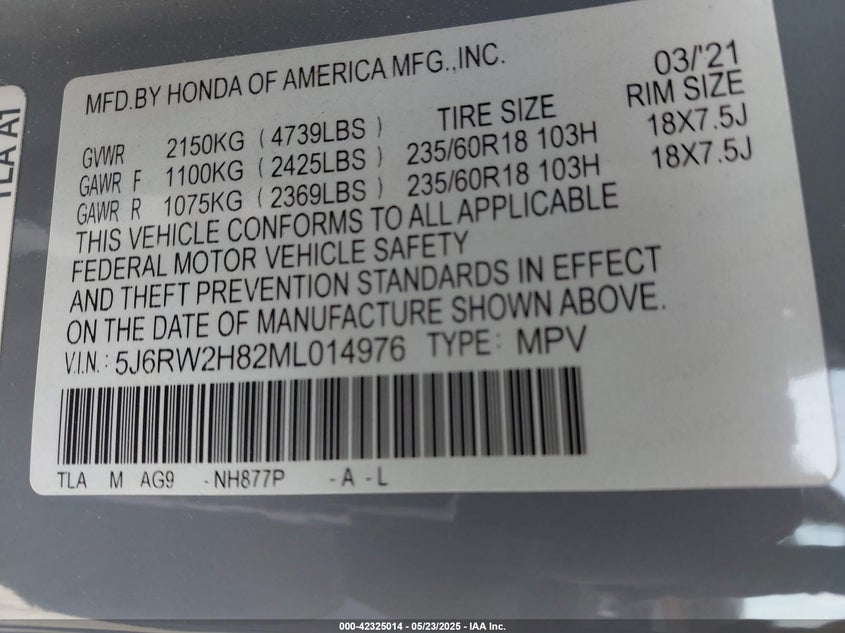 2021 HONDA CR-V VIN: 5J6RW2H82ML014976