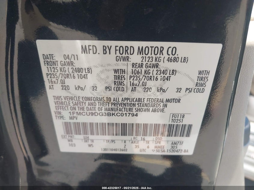 2011 FORD ESCAPE VIN: 1FMCU9DG3BKC01794