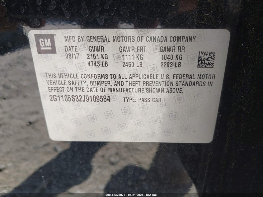 2018 CHEVROLET IMPALA VIN: 2G1105S32J9109584