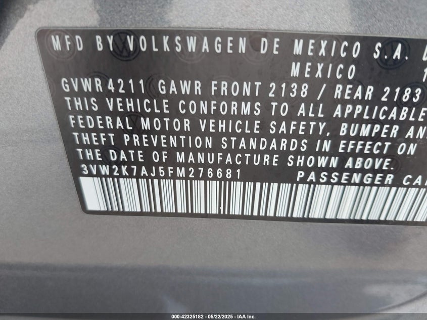 2015 VOLKSWAGEN JETTA VIN: 3VW2K7AJ5FM276681